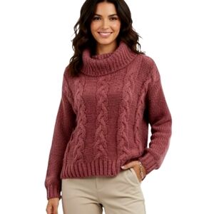 Freshman Fuzzy Cable Knit Sweater Salmon Pink Cowlnwck Size Small